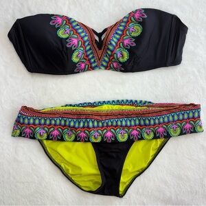Trina Turk Black Bandeau Bikini Bandeau Top and Fold Over Bottom 14 XL